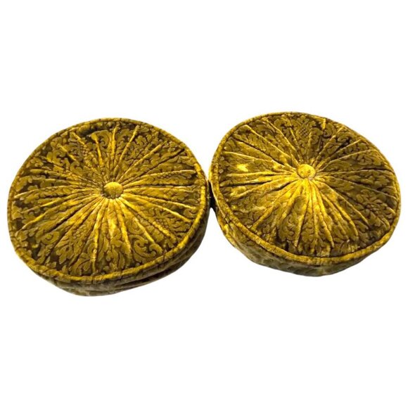 Set 2 Vintage Round Gathered Crush Velvet floral Cushions Chic Filled Luxury - Picture 3 of 16